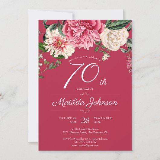 Invitation 70e anniversaire Red Floral Botanical Elegant Part (Devant)