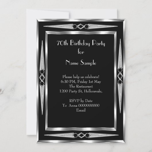 Invitation 70e anniversaire Retro Diva Art Déco Argent Noir (Dos)