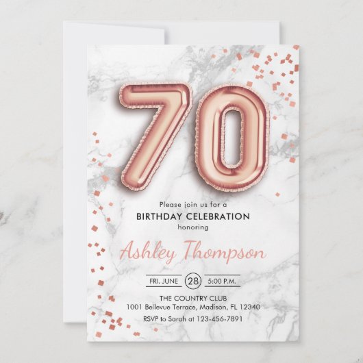 Invitation 70e anniversaire - Rose Ballons d'or effet de marb (Devant)