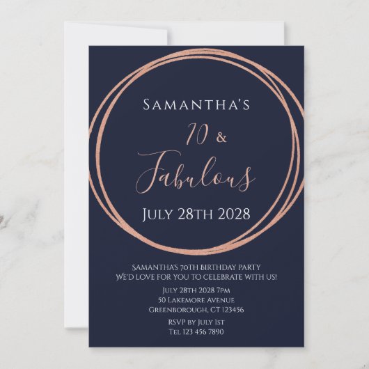 Invitation 70e anniversaire Rose Gold Navy fête d'anniversair (Devant)