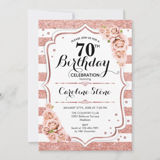 Invitation 70e anniversaire - Rose Gold White Stripes (Devant)