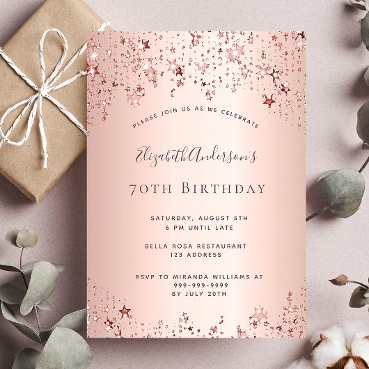 Invitation 70e anniversaire rose or étoiles sprinkle