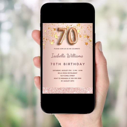 Invitation 70e anniversaire rose or rose étoiles script ballo