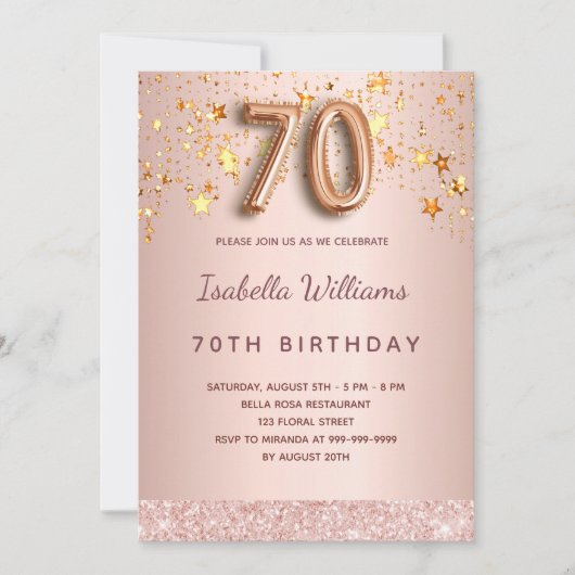 Invitation 70e anniversaire rose or rose étoiles script ballo (Devant)