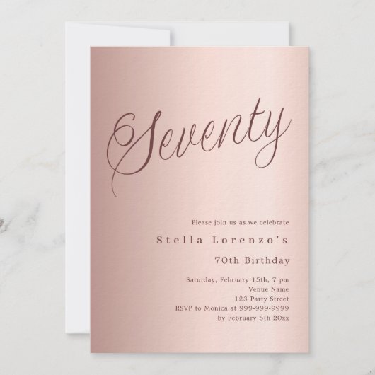 Invitation 70e anniversaire rose or script simple luxe (Devant)