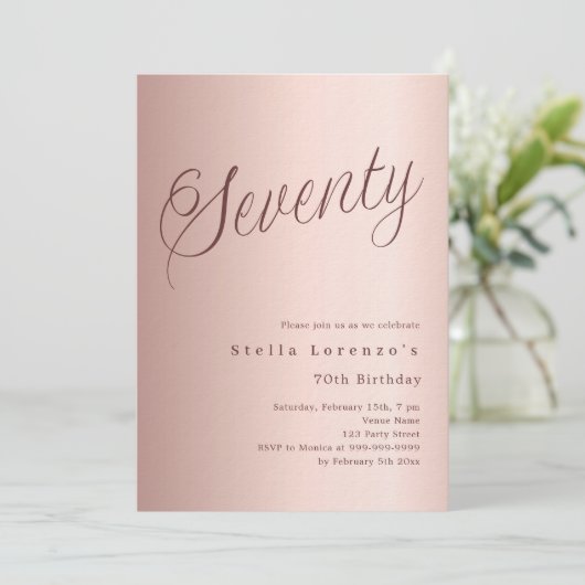 Invitation 70e anniversaire rose or script simple luxe (Debout devant)