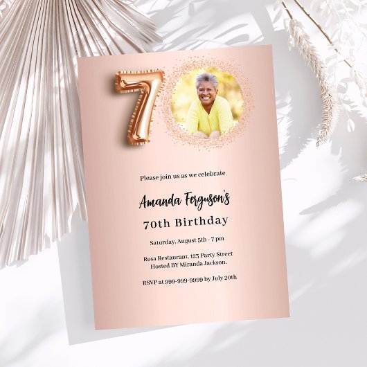 Invitation 70e anniversaire rose photo d'or