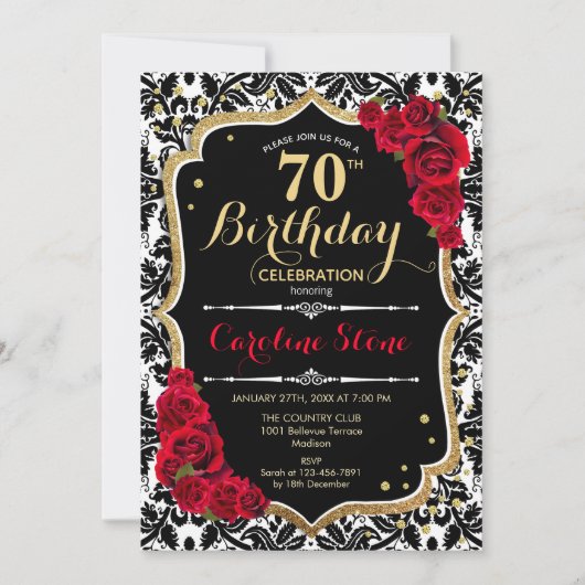 Invitation 70e anniversaire - Roses rouges or noir Damas (Devant)