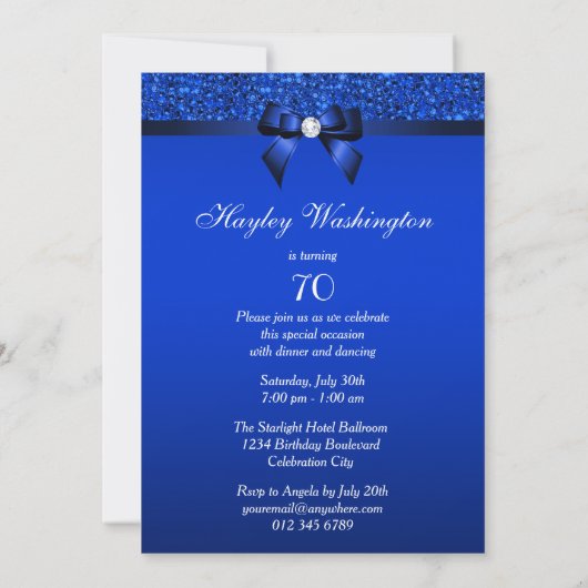 Invitation 70e anniversaire Royal Blue Sequins Bow et Diamond (Dos)