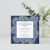 Invitation 70e anniversaire Rustic Wood Blue Hydrangeas Party (Debout devant)