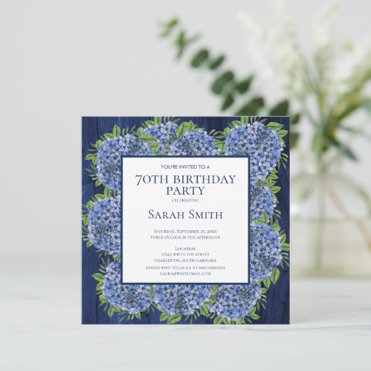 Invitation 70e anniversaire Rustic Wood Blue Hydrangeas Party (Debout devant)