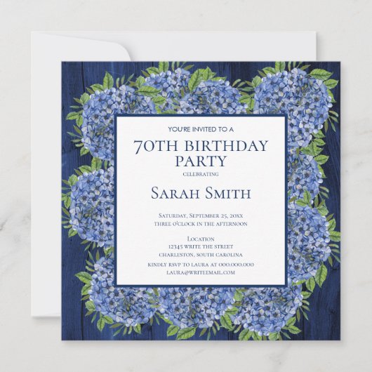 Invitation 70e anniversaire Rustic Wood Blue Hydrangeas Party (Devant)