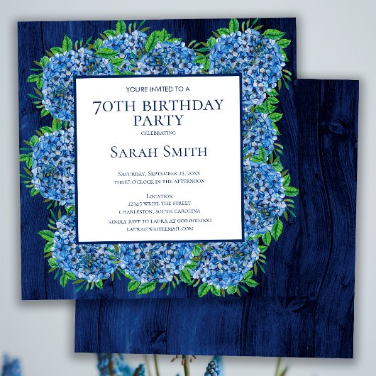 Invitation 70e anniversaire Rustic Wood Blue Hydrangeas Party