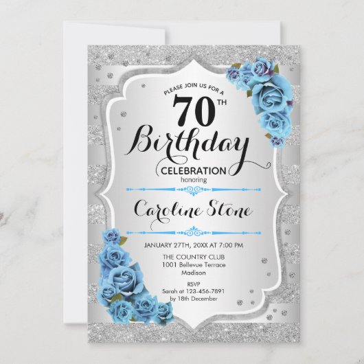 Invitation 70e anniversaire - Silver Stripes Rose Bleu (Devant)