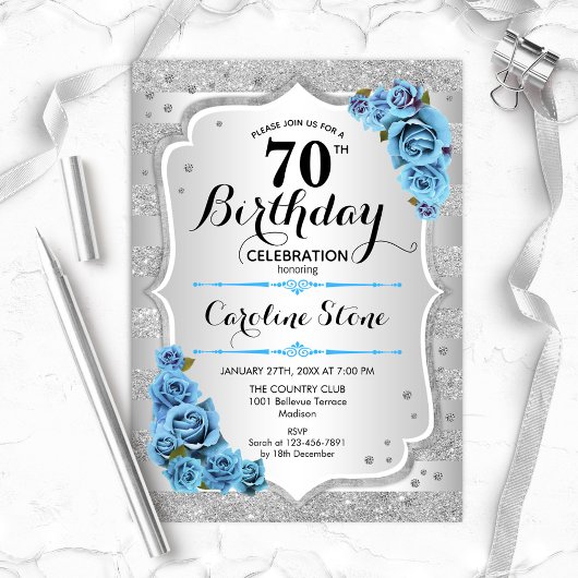 Invitation 70e anniversaire - Silver Stripes Rose Bleu