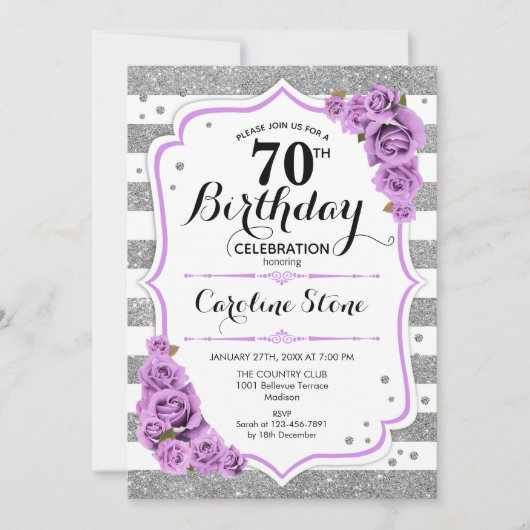 Invitation 70e anniversaire - Silver White Stripes Purple Ros (Devant)