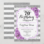 Invitation 70e anniversaire - Silver White Stripes Purple Ros (Devant / Derrière)
