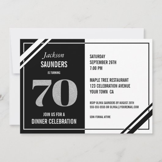 Invitation 70e anniversaire Soirée moderne Noir et Blanc (Devant)