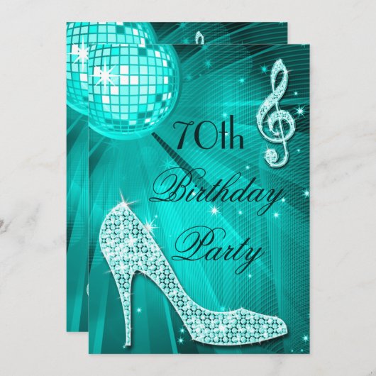 Invitation 70e anniversaire Sparkle Heels et Turquoise Disco (Devant / Derrière)
