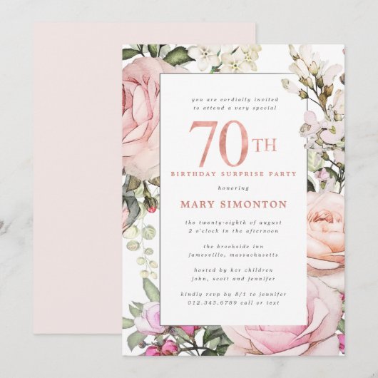 Invitation 70e anniversaire Surprise Party Blush rose floral (Devant / Derrière)