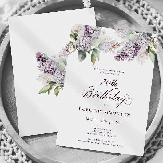 Invitation 70e anniversaire Surprise Party Purple Lilac Fleur