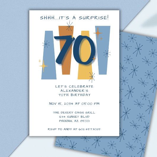Invitation 70e Anniversaire Surprise Rétro Masculine Bleu