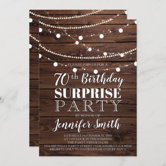 Invitation 70e anniversaire Surprise Rustic Wood String Light (Devant / Derrière)
