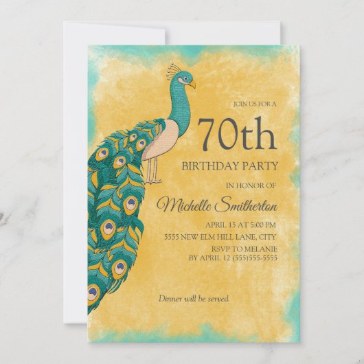 Invitation 70e anniversaire Turquoise Aquarelle jaune Peacock (Devant)