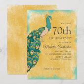 Invitation 70e anniversaire Turquoise Aquarelle jaune Peacock (Devant / Derrière)