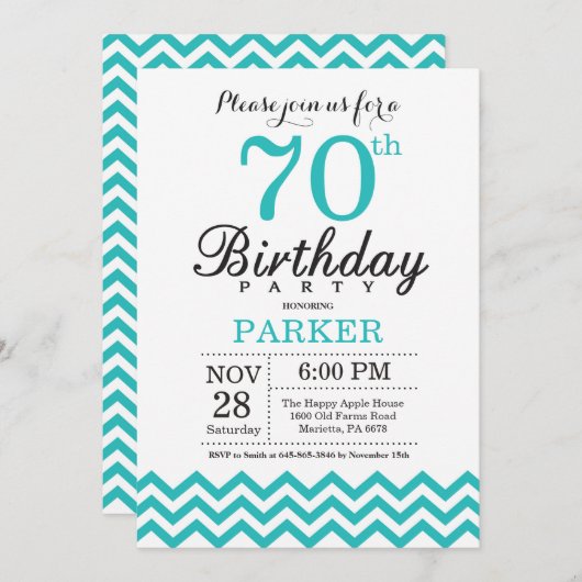 Invitation 70e anniversaire Turquoise Chevron (Devant / Derrière)