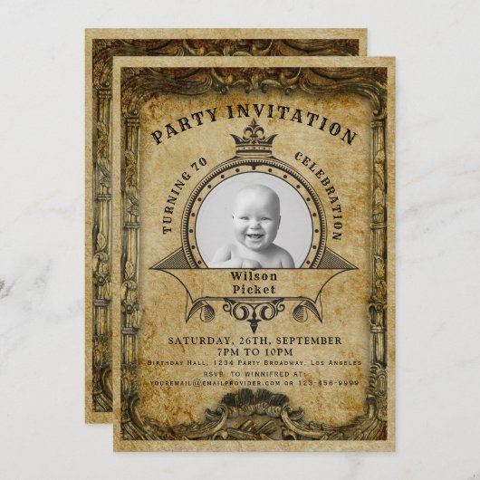Invitation 70e anniversaire Vintage Retro Photo Surprise Part (Devant / Derrière)
