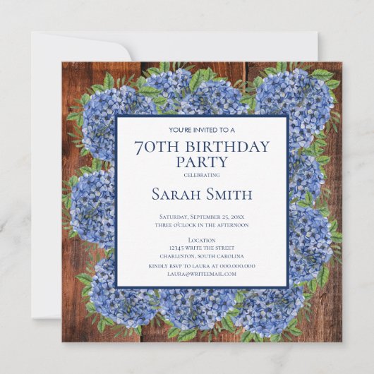 Invitation 70e anniversaire Wood Blue Hydrangeas Rustic Party (Devant)