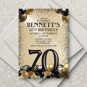 Invitation 70e Ballons Black Gold Anniversaire