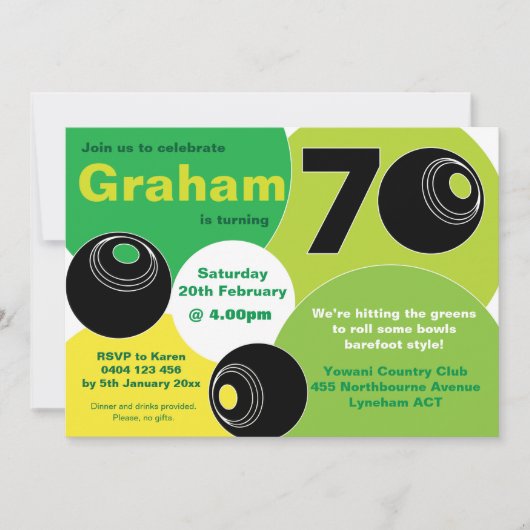 Invitation 70e Bowls de pelouse Barefoot Bowling Anniversaire (Devant)