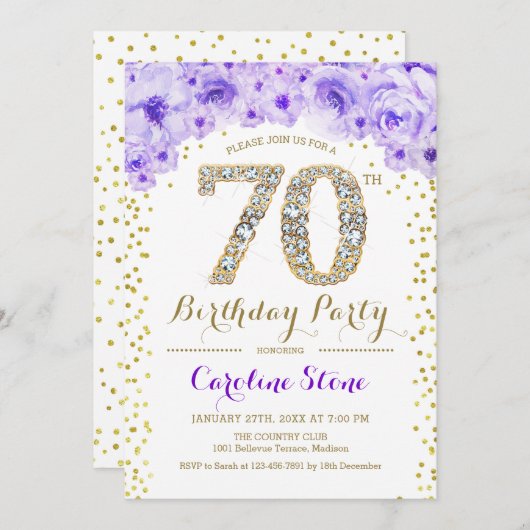 Invitation 70e fête d'anniversaire - Blanc or violet (Devant / Derrière)