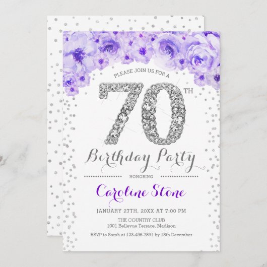 Invitation 70e fête d'anniversaire - Blanc Silver violet (Devant / Derrière)
