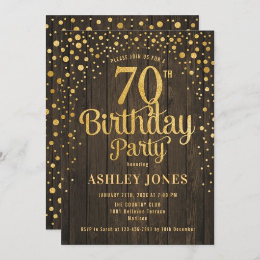 Invitation 70e fête d'anniversaire - Bois rustique & Or (Devant / Derrière)