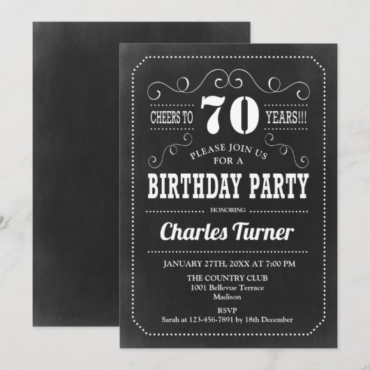 Invitation 70e fête d'anniversaire - Chalkboard noir blanc (Devant / Derrière)