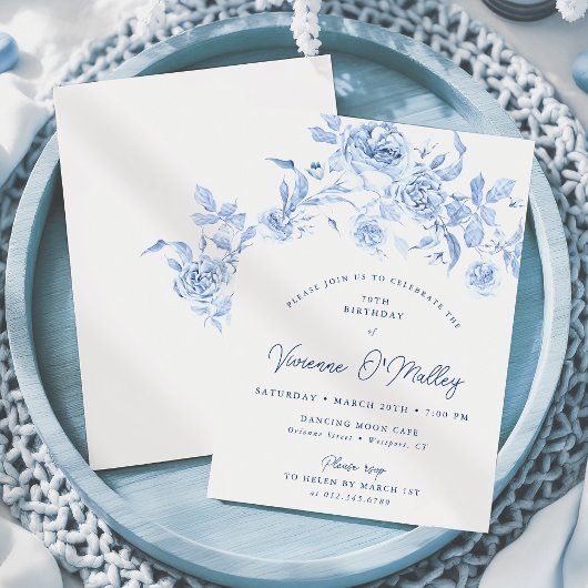 Invitation 70e fête d'anniversaire Dusty Blue Floral