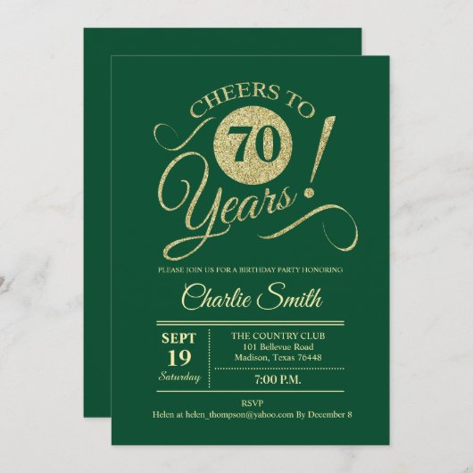 Invitation 70e fête d'anniversaire - Gold Vert (Devant / Derrière)