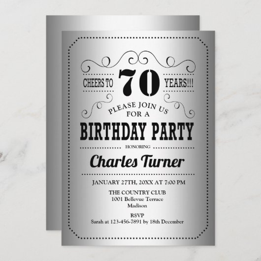 Invitation 70e fête d'anniversaire - Noir d'argent (Devant / Derrière)