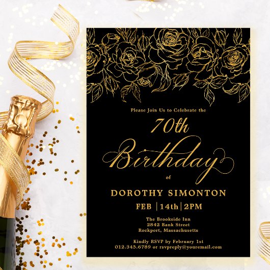 Invitation 70e fête d'anniversaire Rose d'or Floral Black