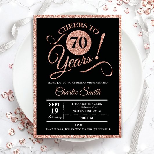 Invitation 70e fête d'anniversaire - Rose Gold Black ANY AGE