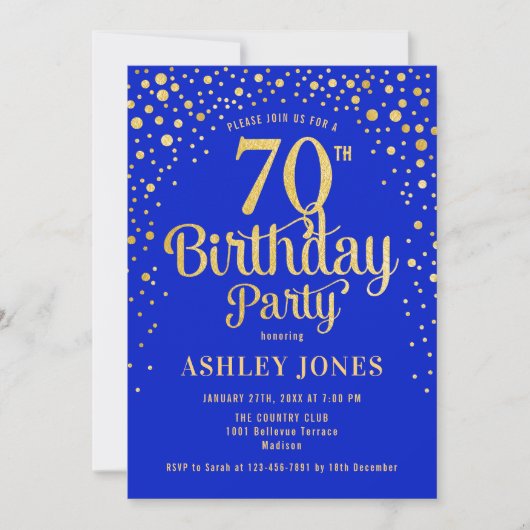 Invitation 70e fête d'anniversaire - Royal Blue & Gold (Devant)