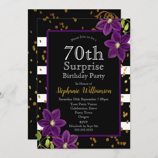 Invitation 70e fête d'anniversaire surprise Noir et or (Devant / Derrière)