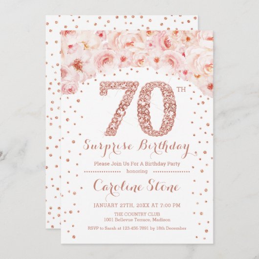 Invitation 70e fête d'anniversaire surprise - Rose blanche or (Devant / Derrière)