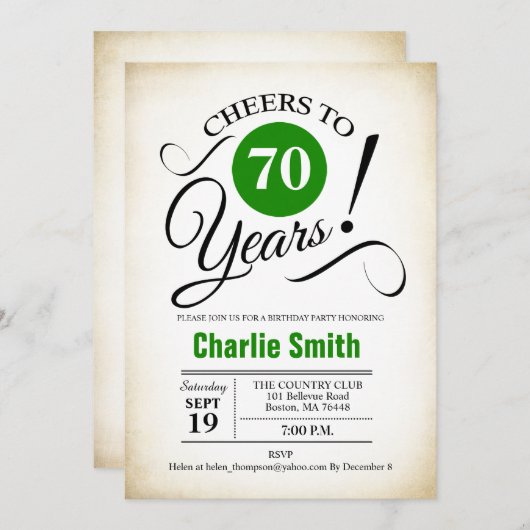 Invitation 70e fête d'anniversaire - Vert noir blanc (Devant / Derrière)