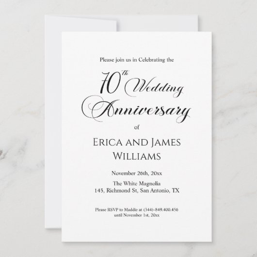 Invitation 70e Mariage Platinum Anniversaire Élégant Script (Devant)