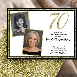 Invitation 70e personnalisé 2 Photo Blanc Noir et Or