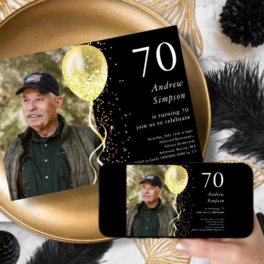 Invitation 70e | Photo Parties scintillant Noir & Or Annivers